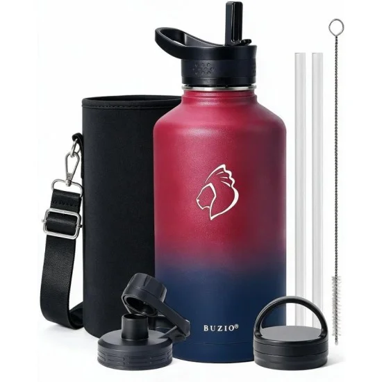 Buzio Trio Series Water Bottle with 3 Lids and Sleev 1.9L - Ruby Red Navy
